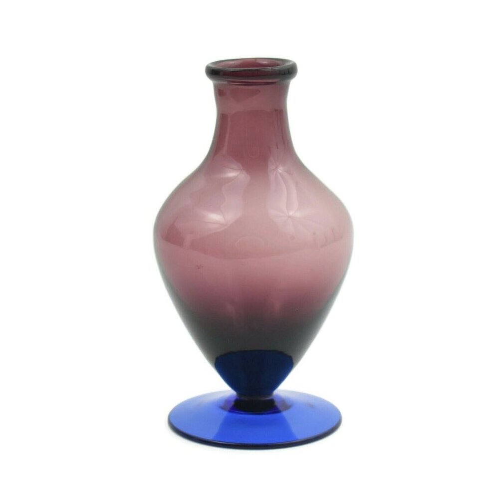 Vintage Small Glass Bud Vase Art Glass Footed Purple Blue 4 5/8"
